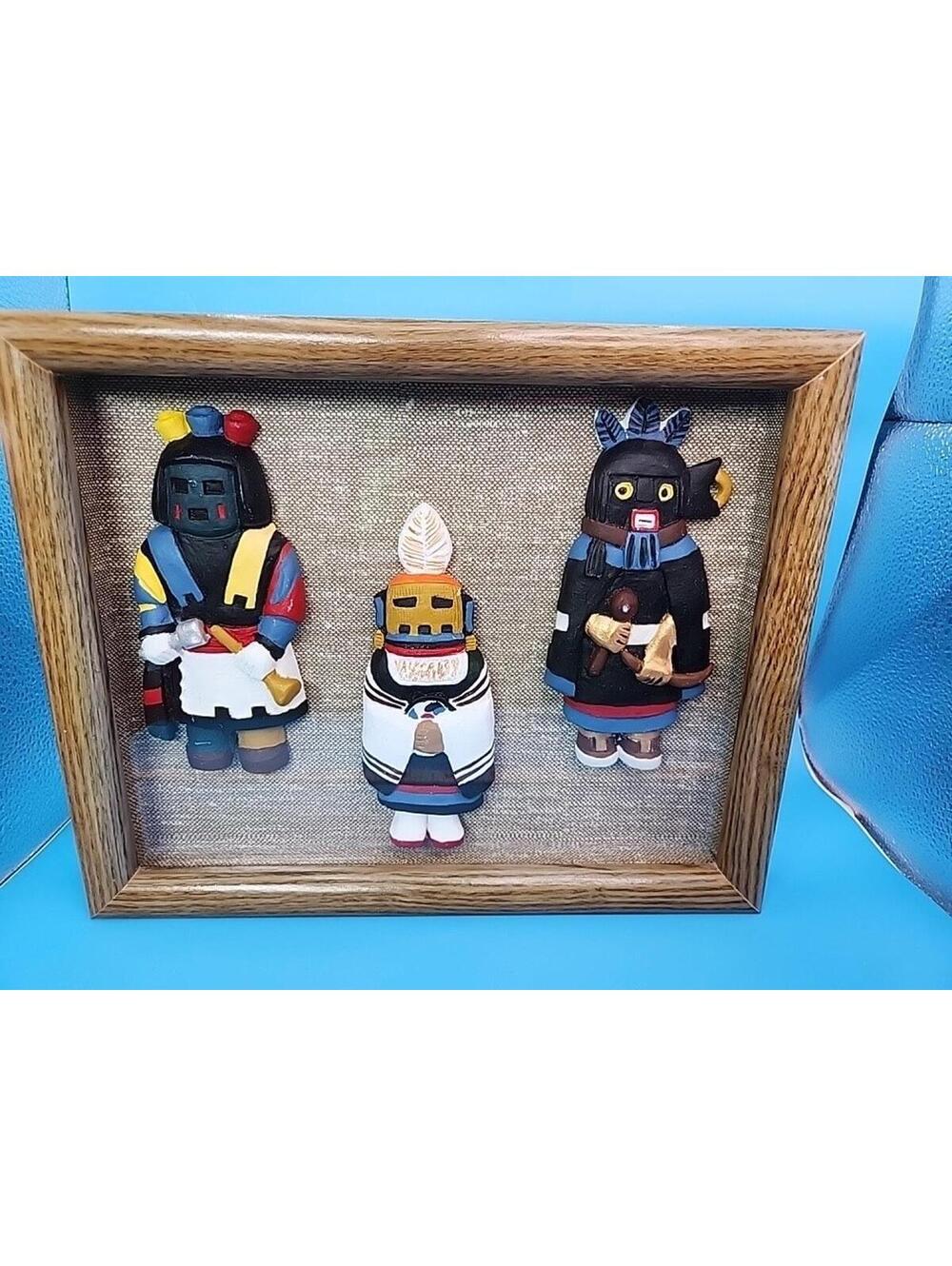 3-VTG Kachina Doll Terracotta Hollow Figurines Framed W/Provenance & Signature